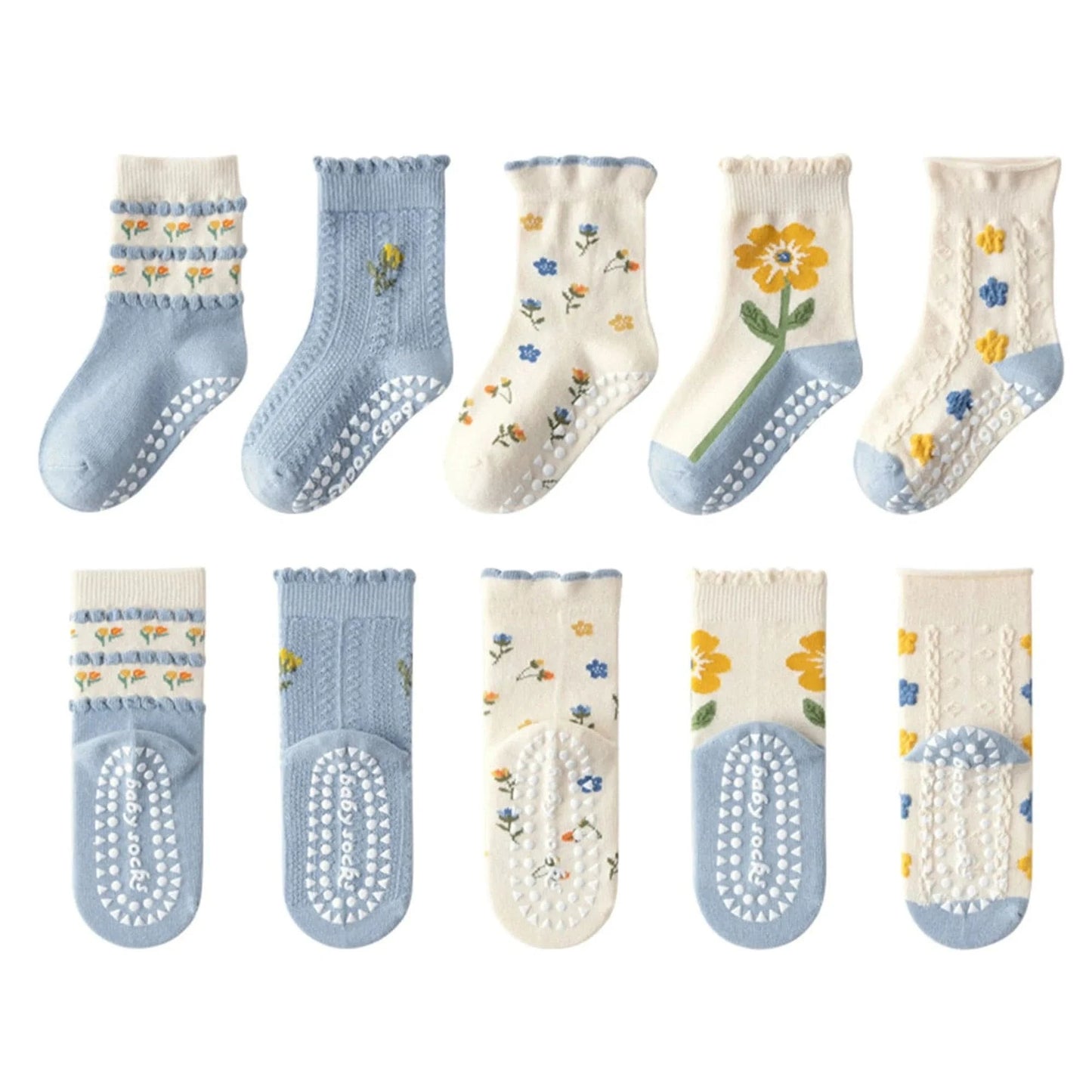 Cartoon Flowers Kids Non-slip Cotton Socks - Pack of 5 - MERRIAKids SocksMERRIA