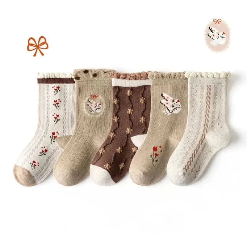 5 Pairs Girls' Floral Print Cotton Socks - Soft Toddler Footwear for Spring/Autumn - MERRIAKids SocksMERRIA