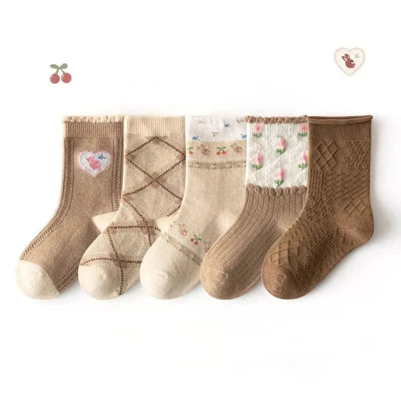 5 Pairs Girls' Floral Print Cotton Socks - Soft Toddler Footwear for Spring/Autumn - MERRIAKids SocksMERRIA