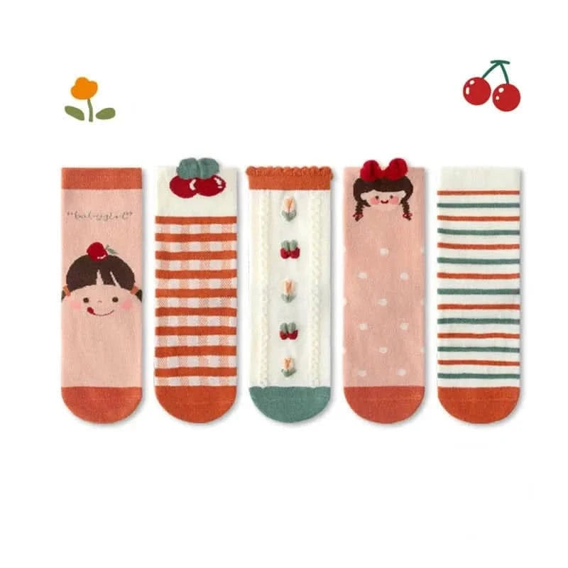 5 Pairs Girls' Floral Print Cotton Socks - Soft Toddler Footwear for Spring/Autumn - MERRIAKids SocksMERRIA