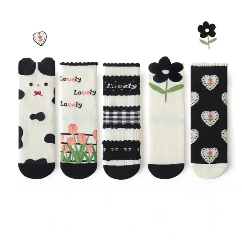5 Pairs Girls' Floral Print Cotton Socks - Soft Toddler Footwear for Spring/Autumn - MERRIAKids SocksMERRIA