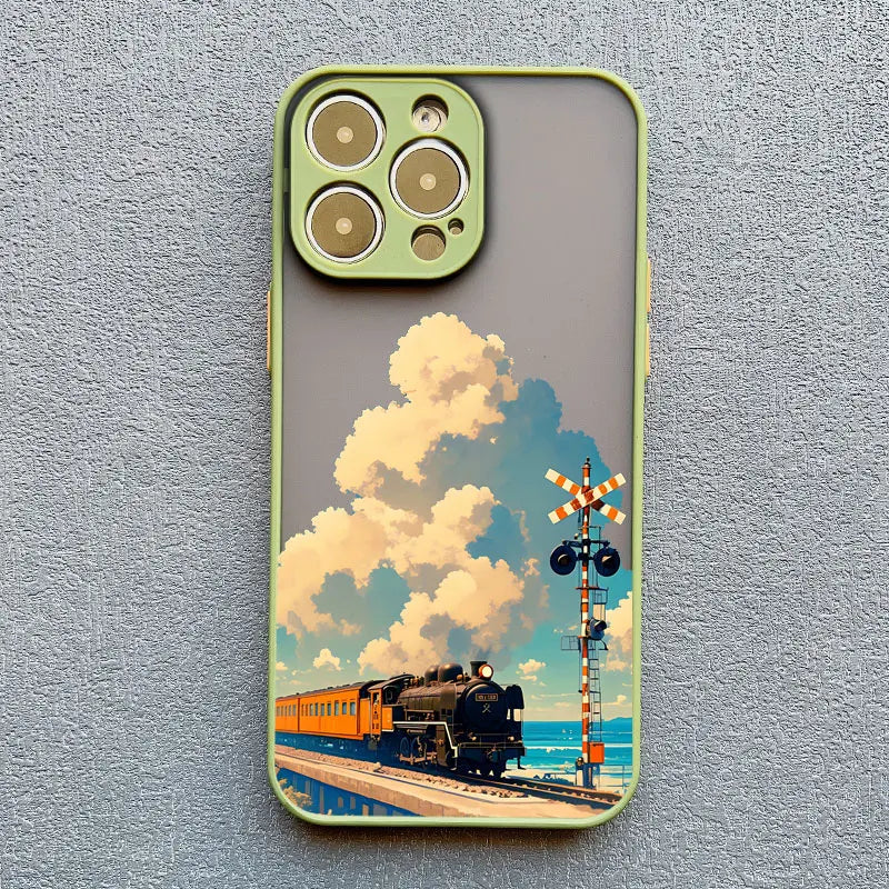 Landscape Cloud Tram Illustration iPhone Case – Soft Back Cover for iPhone 16 Pro Max, 15 Pro Max, 14 Pro Max