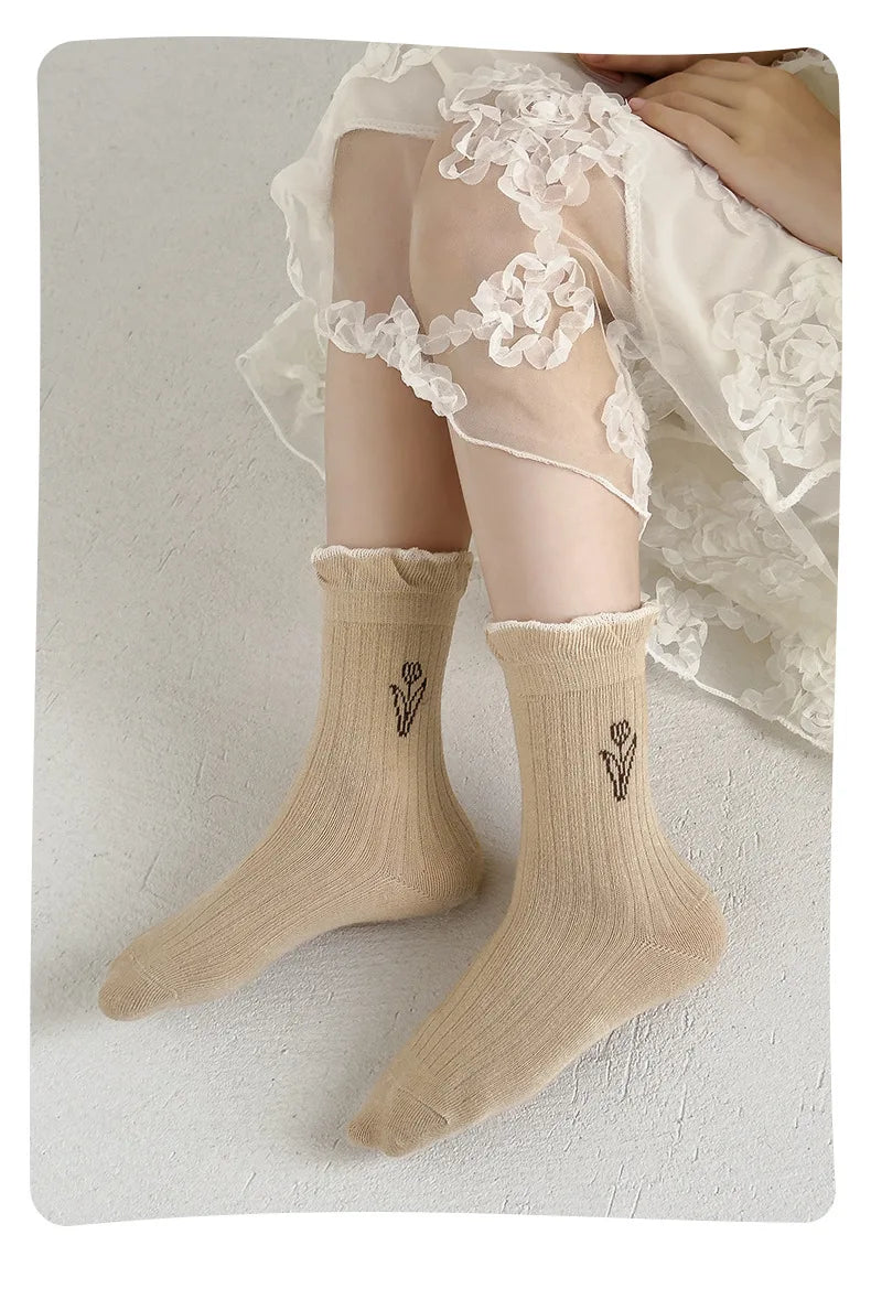 5 Pairs Autumn Socks Girls Floral Tulip Socks A Class Cotton Solid Socks Children Medium Length Spring Socks Baby Kids Socks
