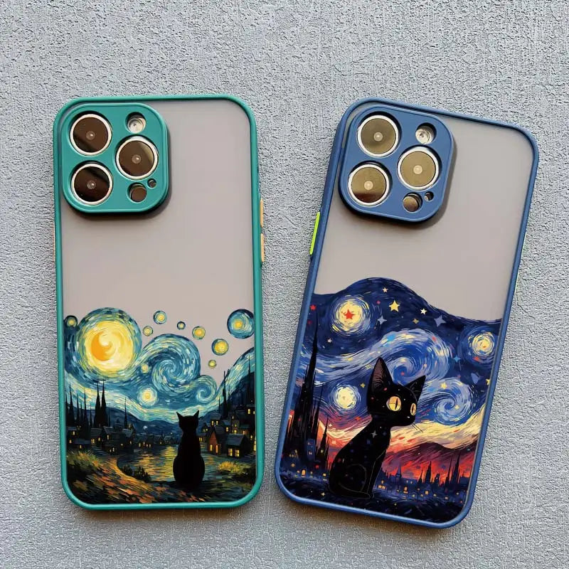 Black Cat Starry Night iPhone Case – Artistic Shockproof Cover for iPhone 14, 15, 16 Series | Soft Protective Shell