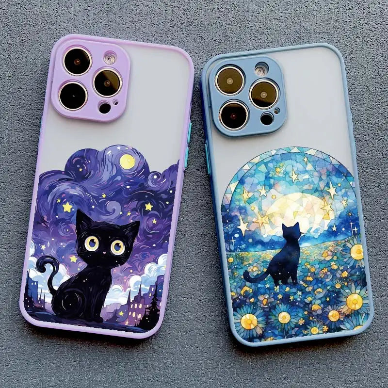 Black Cat Starry Night iPhone Case – Artistic Shockproof Cover for iPhone 14, 15, 16 Series | Soft Protective Shell