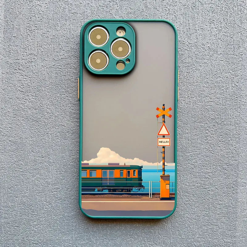 Landscape Cloud Tram Illustration iPhone Case – Soft Back Cover for iPhone 16 Pro Max, 15 Pro Max, 14 Pro Max