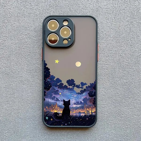 Black Cat Starry Night iPhone Case – Artistic Shockproof Cover for iPhone 14, 15, 16 Series | Soft Protective Shell