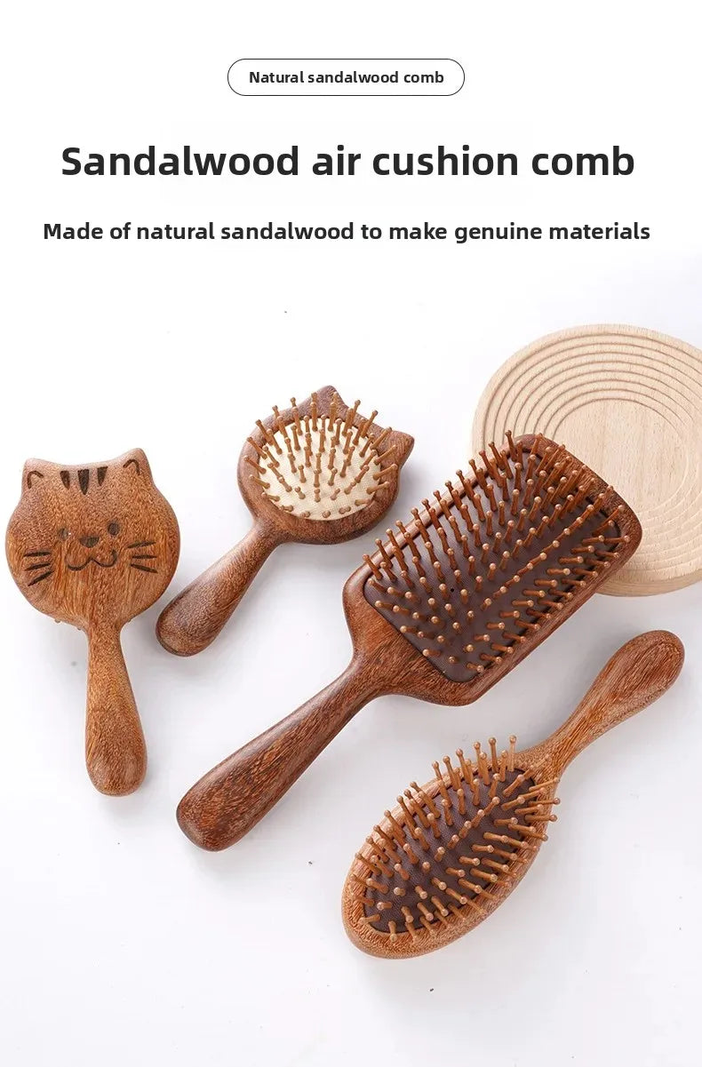 Cat Shaped Airbag Comb Golden Silk Sandalwood Handle round Handle Professional Hairdressing Salon Comb for Extensions And Wigs