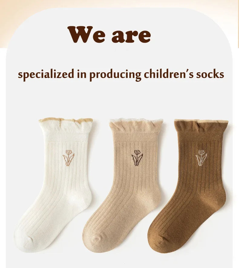 5 Pairs Autumn Socks Girls Floral Tulip Socks A Class Cotton Solid Socks Children Medium Length Spring Socks Baby Kids Socks
