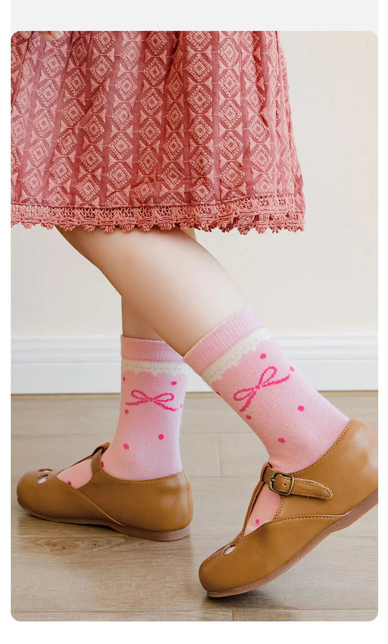 Spring Girls Socks Baby Sweet Rosy Bowknot Pattern Socks Cotton Socks Children Calf Socks Kids Socks 5 Pairs