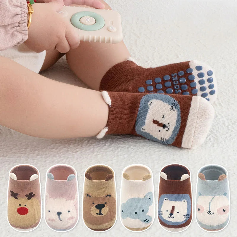 6 Pairs Kids Non-Slip Cotton Socks – Cartoon Animal Floor Socks for Boys & Girls | Breathable & Comfy Baby Footwear