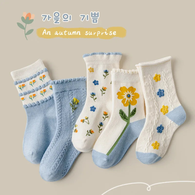 5 Pairs Autumn Socks Girls Floral Tulip Socks A Class Cotton Solid Socks Children Medium Length Spring Socks Baby Kids Socks