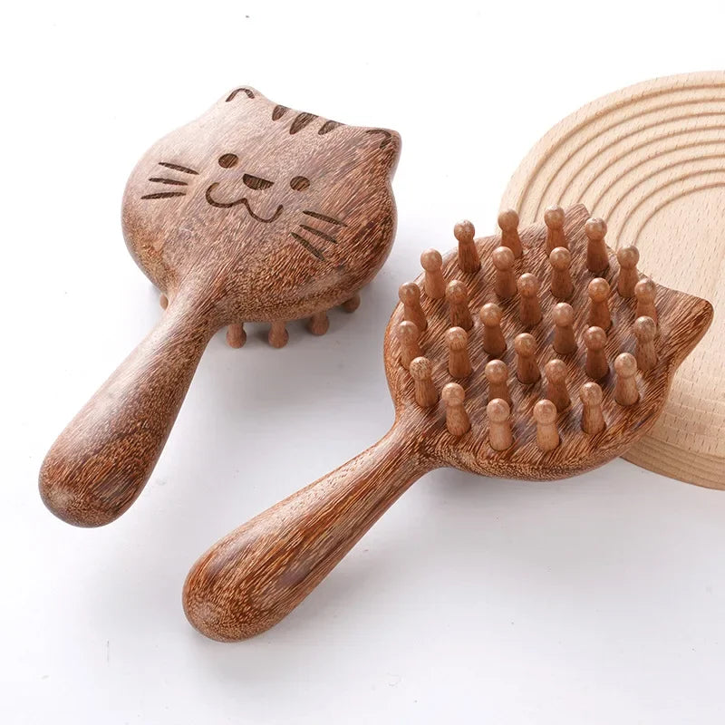 Cat Shaped Airbag Comb Golden Silk Sandalwood Handle round Handle Professional Hairdressing Salon Comb for Extensions And Wigs