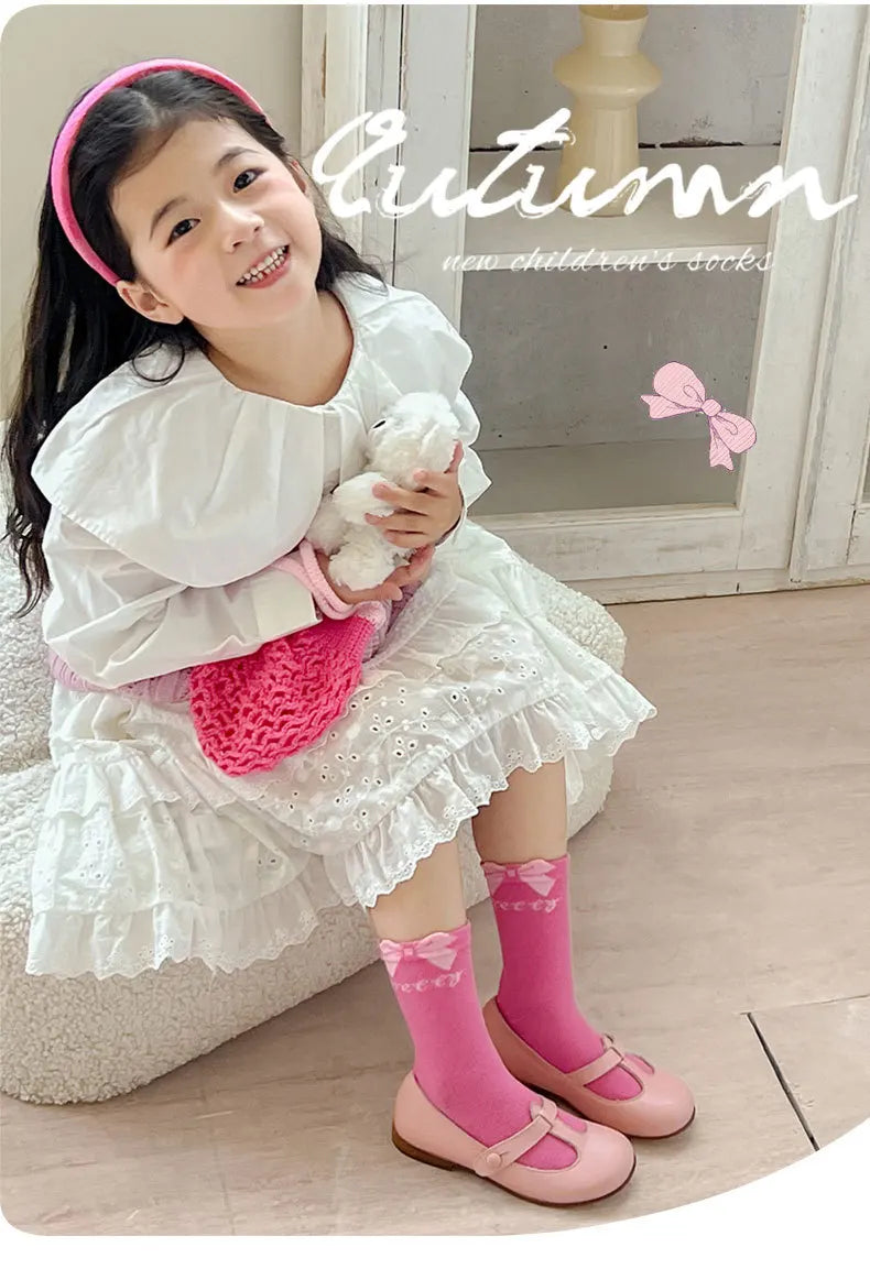 Spring Girls Socks Baby Sweet Rosy Bowknot Pattern Socks Cotton Socks Children Calf Socks Kids Socks 5 Pairs