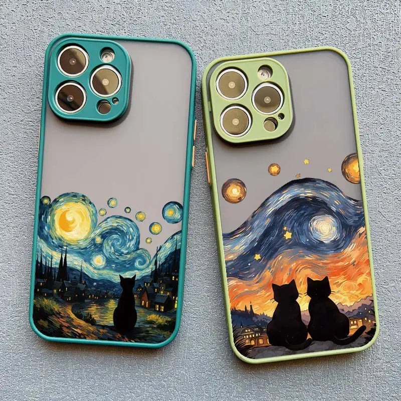 Black Cat Starry Night iPhone Case – Artistic Shockproof Cover for iPhone 14, 15, 16 Series | Soft Protective Shell