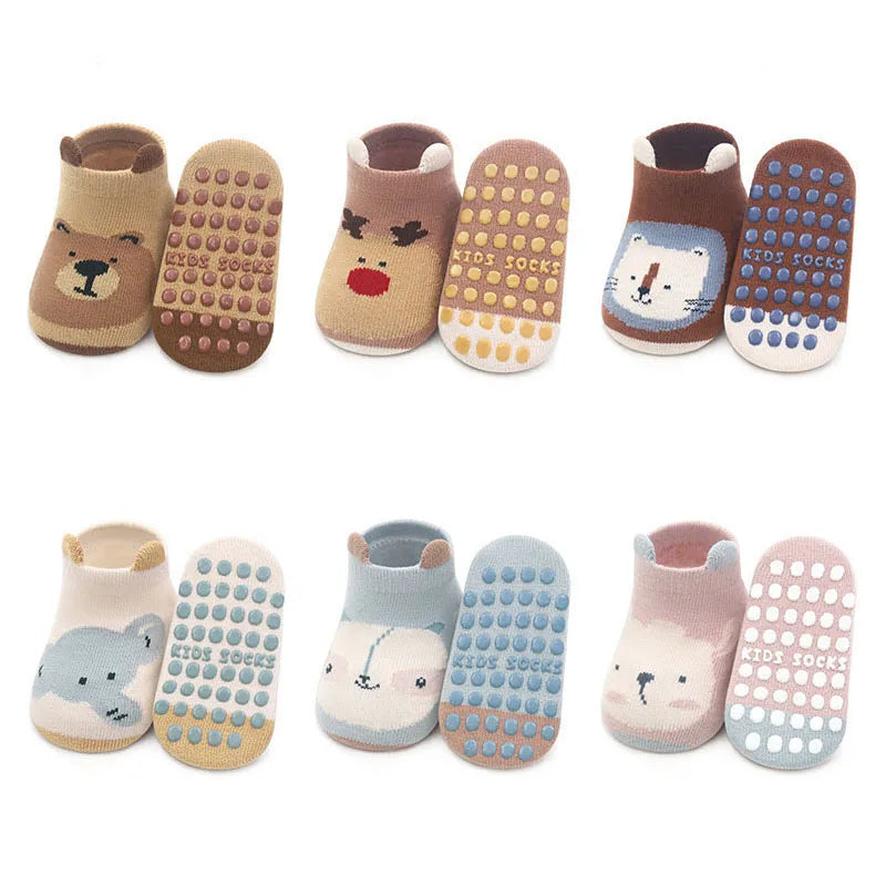 6 Pairs Kids Non-Slip Cotton Socks – Cartoon Animal Floor Socks for Boys & Girls | Breathable & Comfy Baby Footwear