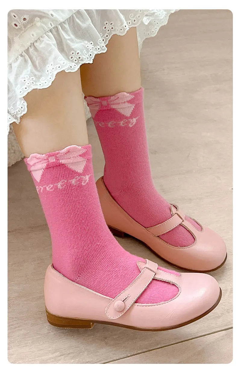 Spring Girls Socks Baby Sweet Rosy Bowknot Pattern Socks Cotton Socks Children Calf Socks Kids Socks 5 Pairs