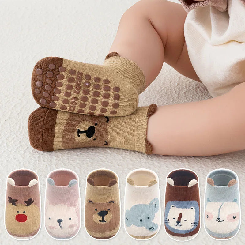 6 Pairs Kids Non-Slip Cotton Socks – Cartoon Animal Floor Socks for Boys & Girls | Breathable & Comfy Baby Footwear