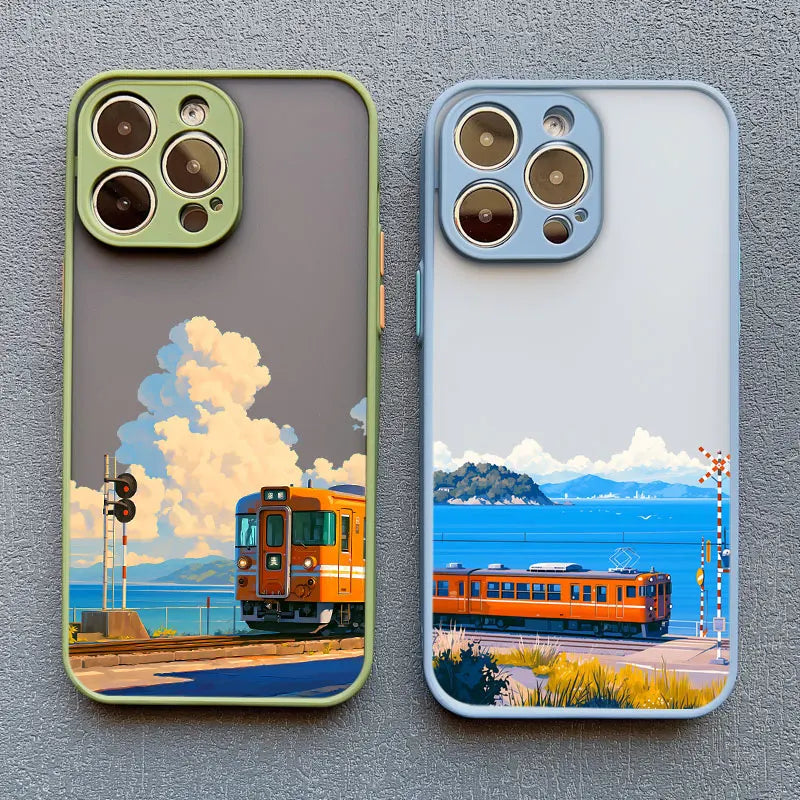 Landscape Cloud Tram Illustration iPhone Case – Soft Back Cover for iPhone 16 Pro Max, 15 Pro Max, 14 Pro Max