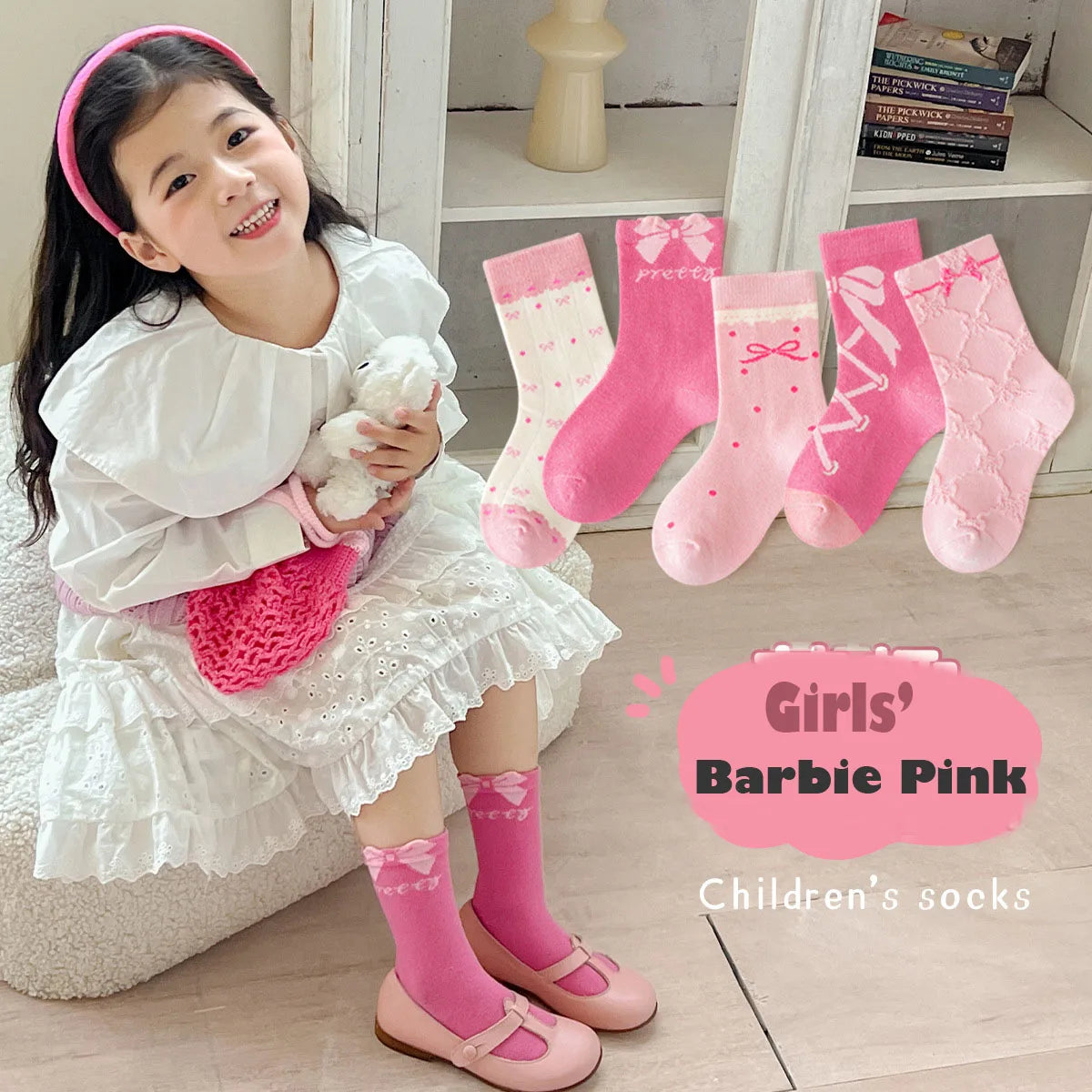 Spring Girls Socks Baby Sweet Rosy Bowknot Pattern Socks Cotton Socks Children Calf Socks Kids Socks 5 Pairs
