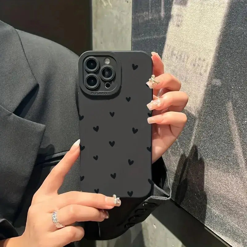 Black Love Heart iPhone Case – Shockproof Soft Silicone Cover for iPhone 16, 15, 14, 13, 12, 11, SE, XR, XS, X, 7, 8 Plus