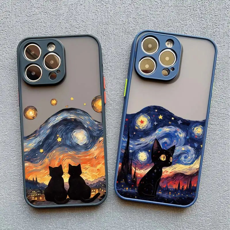 Black Cat Starry Night iPhone Case – Artistic Shockproof Cover for iPhone 14, 15, 16 Series | Soft Protective Shell