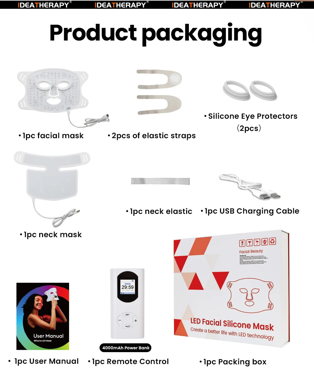 LED Face & Neck Mask – Red Light Therapy Beauty Mask 630nm, 415nm, 830nm for Skin Rejuvenation & Anti-Aging