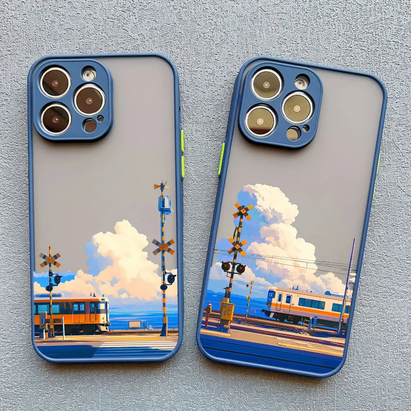 Landscape Cloud Tram Illustration iPhone Case – Soft Back Cover for iPhone 16 Pro Max, 15 Pro Max, 14 Pro Max