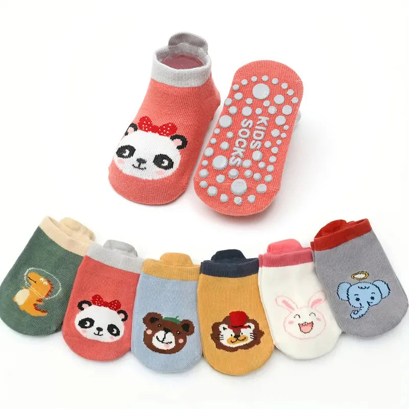 6 Pairs Kids Cotton Socks – Cute Cartoon Animal Non-Slip Floor Socks for Babies & Toddlers | Breathable & Comfy