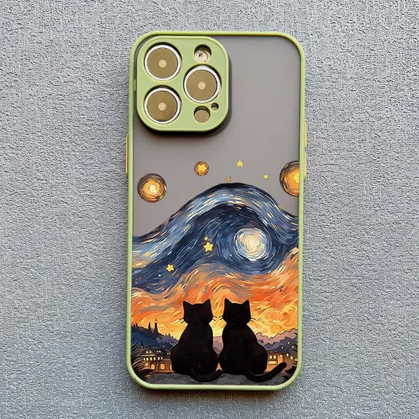 Black Cat Starry Night iPhone Case – Artistic Shockproof Cover for iPhone 14, 15, 16 Series | Soft Protective Shell