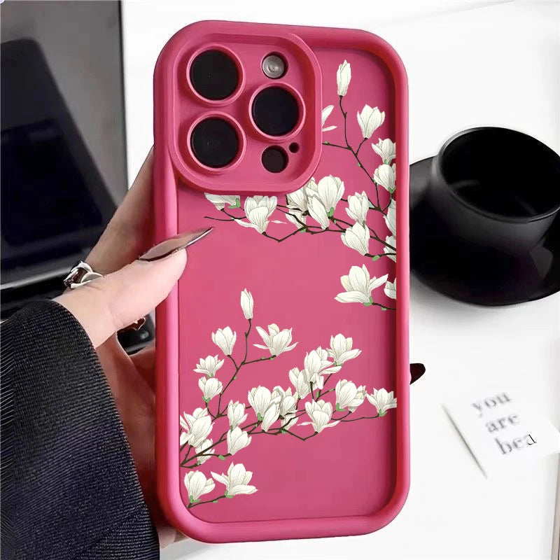 Magnolia Flower TPU iPhone Case – Shockproof Soft Silicone Bumper Cover for iPhone 16e, 16, 15 Pro Max, 14 Pro Max