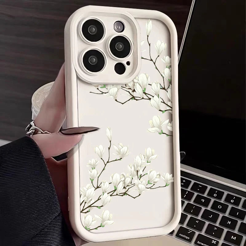 Magnolia Flower TPU iPhone Case – Shockproof Soft Silicone Bumper Cover for iPhone 16e, 16, 15 Pro Max, 14 Pro Max