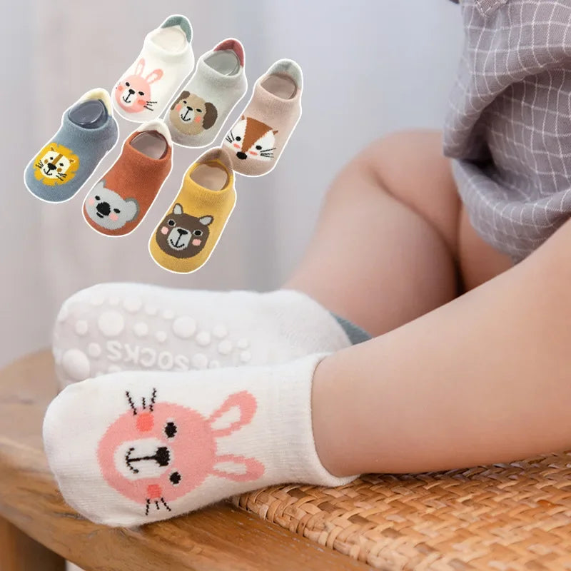 6 Pairs Baby Cotton Socks (0–5Y) – Soft Non-Slip Cartoon Socks for Newborns, Toddlers, Boys & Girls