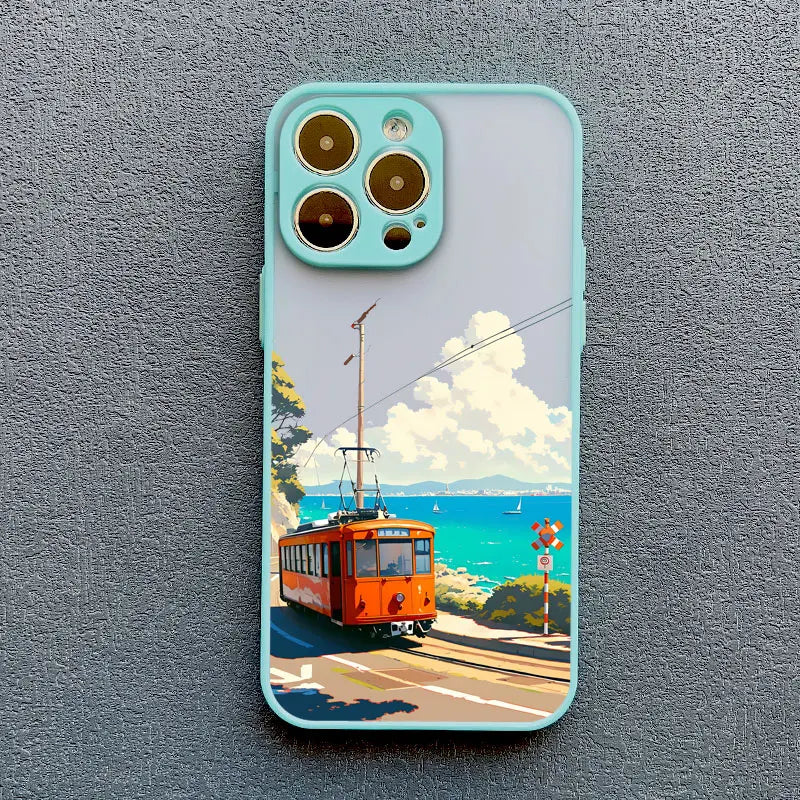 Landscape Cloud Tram Illustration iPhone Case – Soft Back Cover for iPhone 16 Pro Max, 15 Pro Max, 14 Pro Max