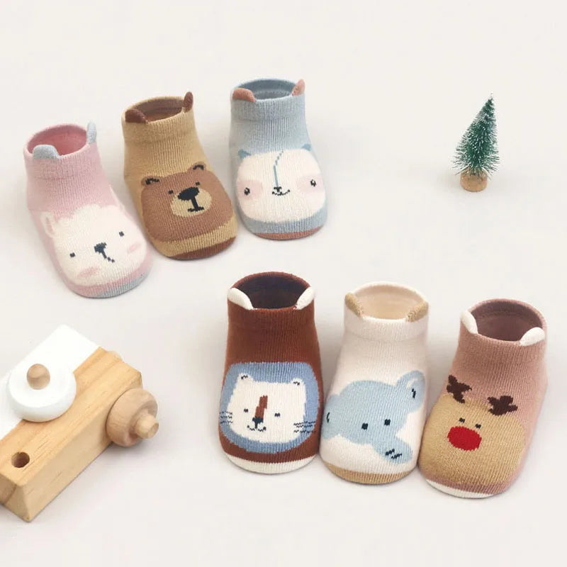 6 Pairs Kids Non-Slip Cotton Socks – Cartoon Animal Floor Socks for Boys & Girls | Breathable & Comfy Baby Footwear
