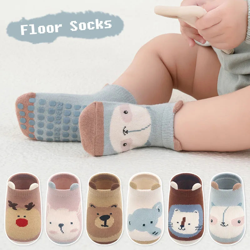 6 Pairs Kids Non-Slip Cotton Socks – Cartoon Animal Floor Socks for Boys & Girls | Breathable & Comfy Baby Footwear
