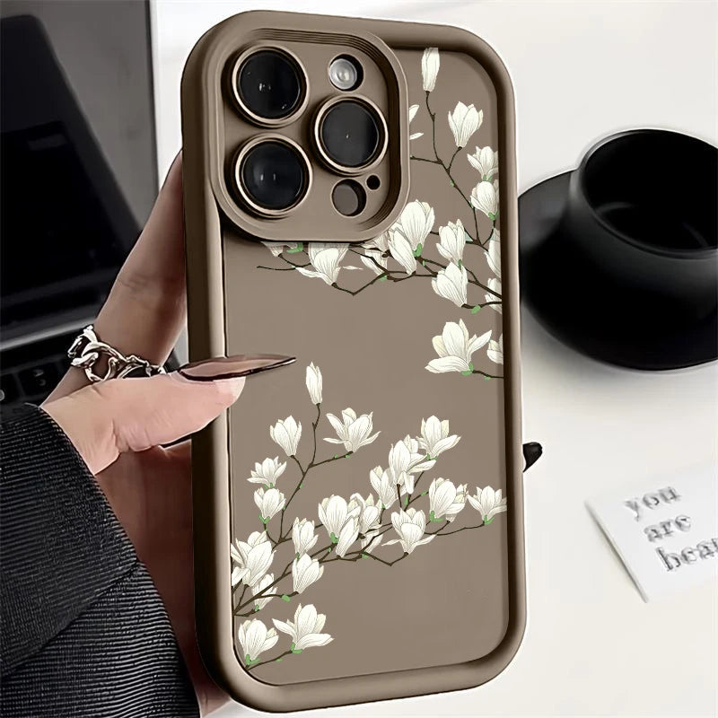 Magnolia Flower TPU iPhone Case – Shockproof Soft Silicone Bumper Cover for iPhone 16e, 16, 15 Pro Max, 14 Pro Max