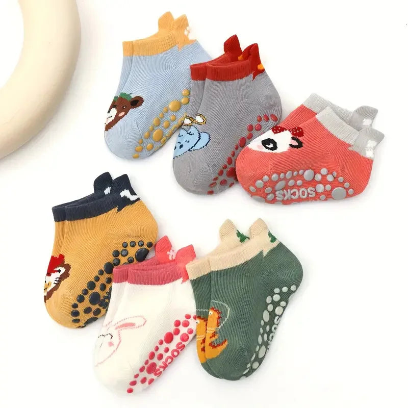 6 Pairs Kids Cotton Socks – Cute Cartoon Animal Non-Slip Floor Socks for Babies & Toddlers | Breathable & Comfy