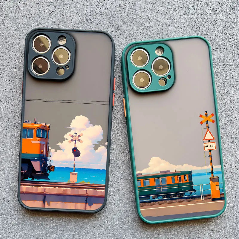 Landscape Cloud Tram Illustration iPhone Case – Soft Back Cover for iPhone 16 Pro Max, 15 Pro Max, 14 Pro Max