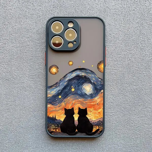 Black Cat Starry Night iPhone Case – Artistic Shockproof Cover for iPhone 14, 15, 16 Series | Soft Protective Shell