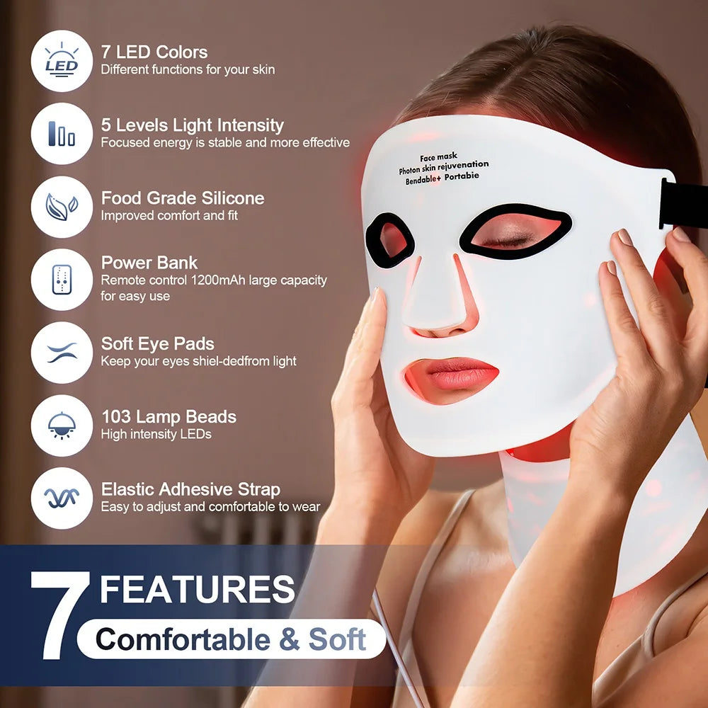 Silicone LED Face & Neck Mask – 7-Color Photon Light & Infrared Therapy, Flexible Wireless Facial Mask for Skin Repair & Rejuvenation
