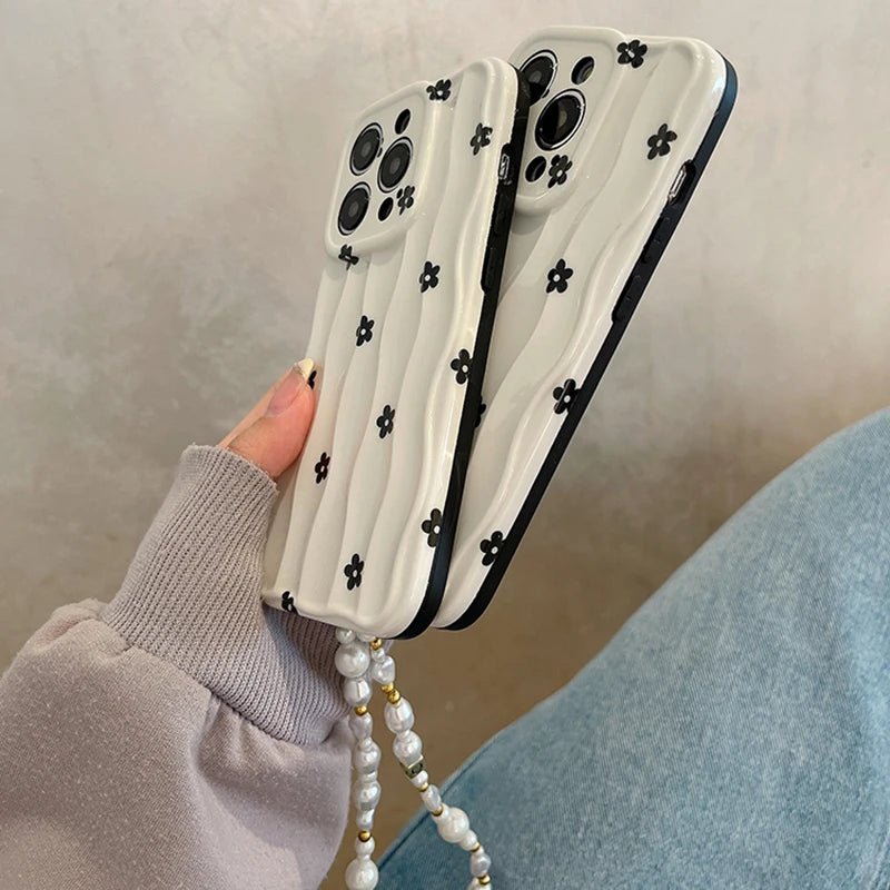 Black Floral 3D Wave iPhone Case – Soft Silicone White Bumper Cover for iPhone 13, 14, 15, 16, 11 Pro Max