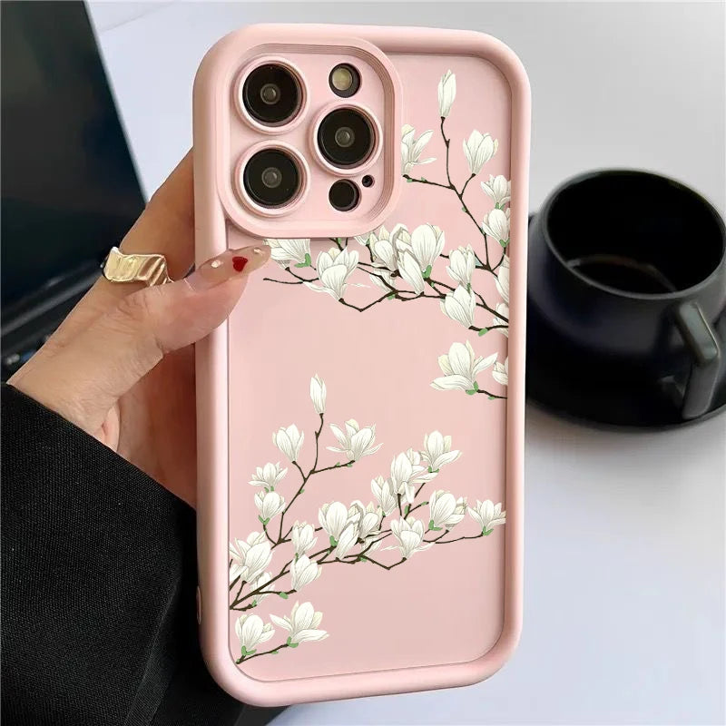 Magnolia Flower TPU iPhone Case – Shockproof Soft Silicone Bumper Cover for iPhone 16e, 16, 15 Pro Max, 14 Pro Max