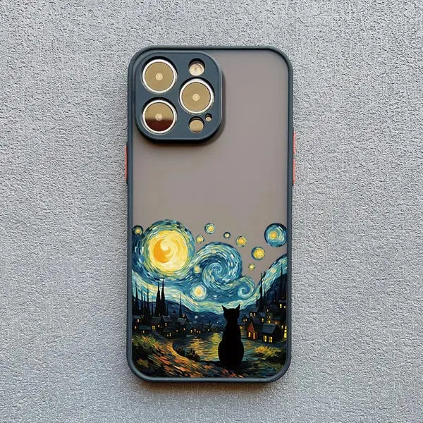 Black Cat Starry Night iPhone Case – Artistic Shockproof Cover for iPhone 14, 15, 16 Series | Soft Protective Shell