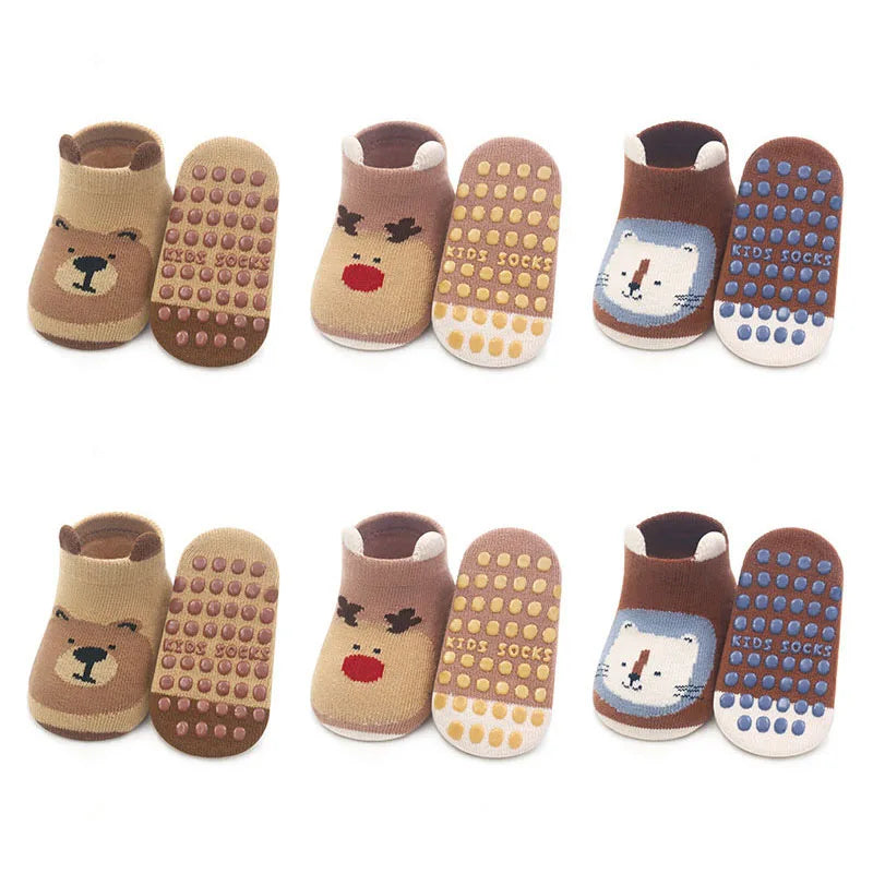6 Pairs Kids Non-Slip Cotton Socks – Cartoon Animal Floor Socks for Boys & Girls | Breathable & Comfy Baby Footwear