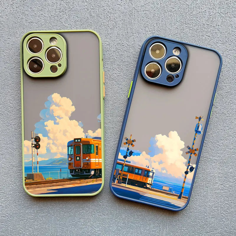 Landscape Cloud Tram Illustration iPhone Case – Soft Back Cover for iPhone 16 Pro Max, 15 Pro Max, 14 Pro Max