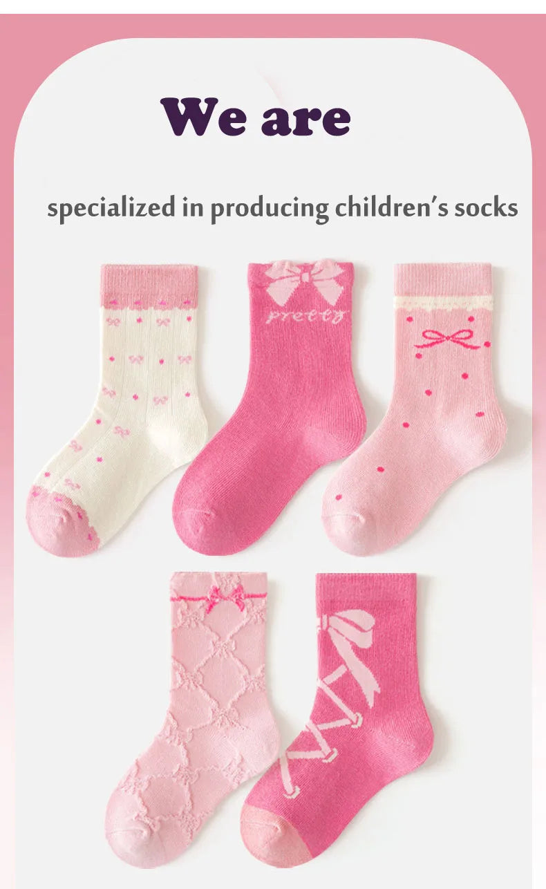 Spring Girls Socks Baby Sweet Rosy Bowknot Pattern Socks Cotton Socks Children Calf Socks Kids Socks 5 Pairs