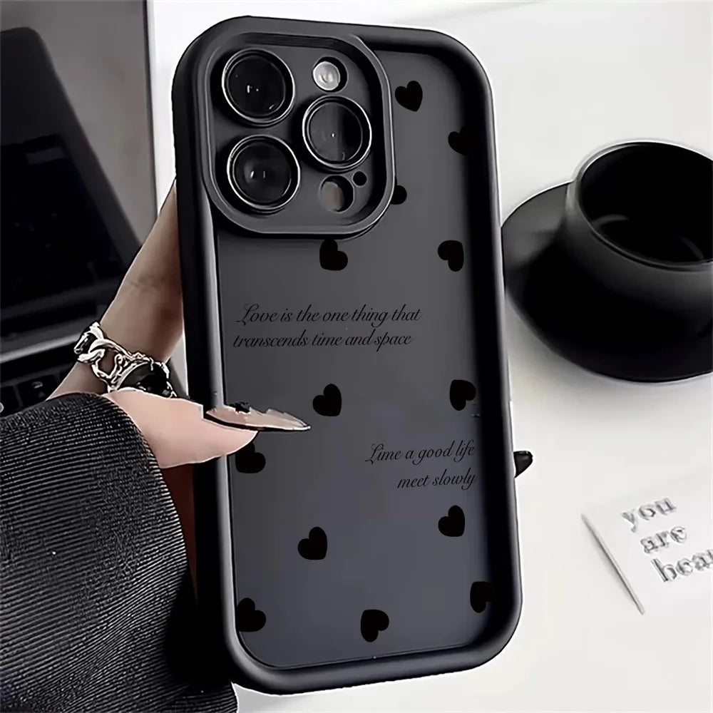 Luxury Black Love Heart Case for Xiaomi Redmi – Full Screen Soft Cover for Note 14, 13, 12, 11 Pro Plus, 5G, 12S, 11S, 10S, 14C, 13C, 12C