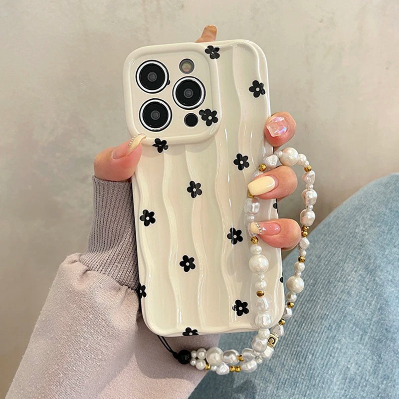 Black Floral 3D Wave iPhone Case – Soft Silicone White Bumper Cover for iPhone 13, 14, 15, 16, 11 Pro Max