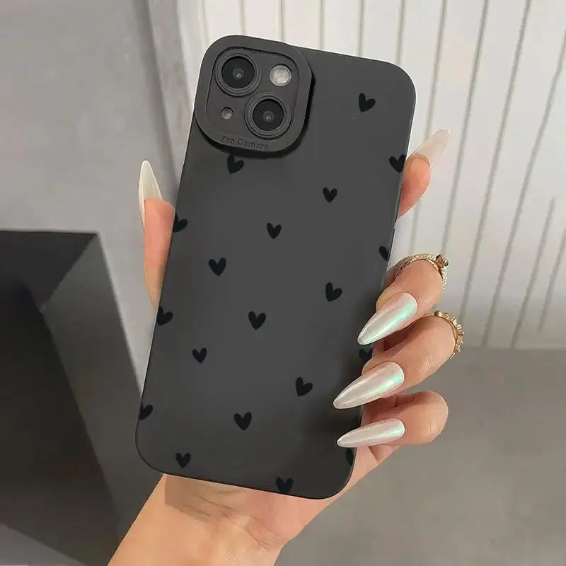 Black Love Heart iPhone Case – Shockproof Soft Silicone Cover for iPhone 16, 15, 14, 13, 12, 11, SE, XR, XS, X, 7, 8 Plus